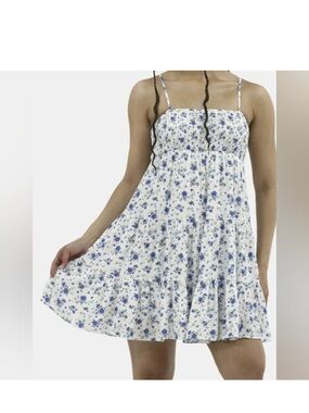 No Boundaries White Floral Mini Dress with Blue Print